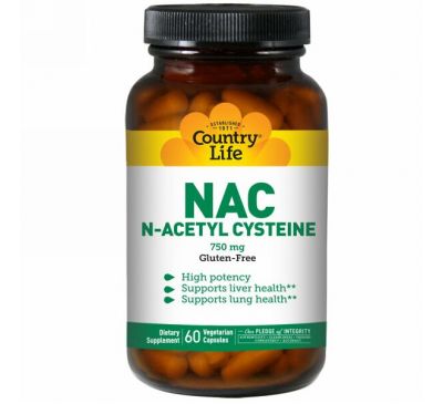 Country Life, NAC, N-ацетилцистеин, 750 мг, 60 вегетарианских капсул