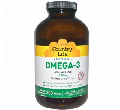 Country Life, Омега-3, 1000 мг, 300 мягких капсул