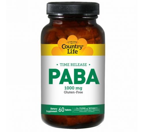Country Life, PABA, Постепенное высвобождение, 1000 мг, 60 таблеток