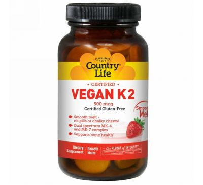 Country Life, Веганский K2, со вкусом клубники, 500 мкг, 60 таблеток для рассасывания