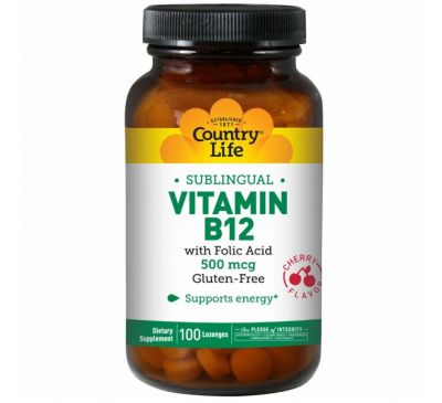 Country Life, Витамин B12, подъязычный, вишневый аромат, 500 мкг, 100 леденцов