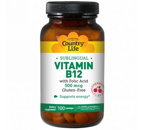 Country Life, Витамин B12, подъязычный, вишневый аромат, 500 мкг, 100 леденцов