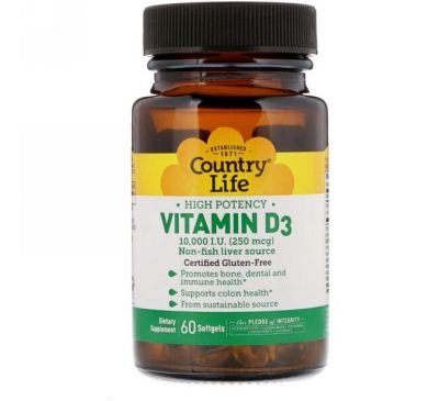Country Life, Витамин D3, высокоэффективный, 10000 МЕ, 60 таблеток