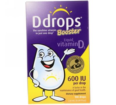 Ddrops, Booster, витамин D3 в жидкой форме, 600 МЕ, 2,8 мл (0,09 унций)