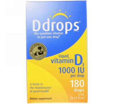 Ddrops, Жидкий витамин D3, 1000 МЕ, 0,17 жидких унций (5 мл)