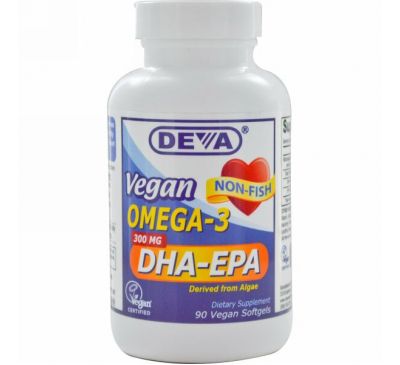 Deva, Веганская Омега-3, ДГК-ЭПК, 300 мг, 90 веганских мягких таблеток