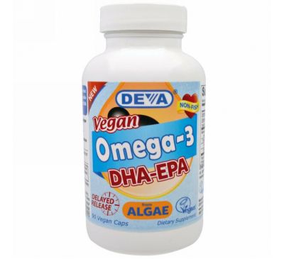Deva, Веганские омега-3, DHA-EPA (ДГК и ЭПК), 90 веганских капсул