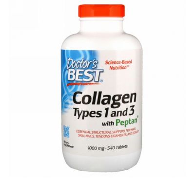 Doctor's Best, Collagen Types 1 and 3 with Peptan, 1,000 mg, 540 Tablets