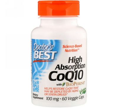 Doctor's Best, Коэнзим Q10 с высокой степенью всасывания, с BioPerine, 100 мг, 60 растительных капсул