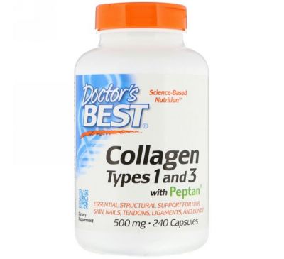 Doctor's Best, Коллаген, тип 1 и 3, с пептаном, 500 мг, 240 капсул