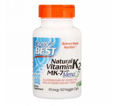Doctor's Best, Natural Vitamin K2 MK-7 with MenaQ7, 45 mcg, 60 Veggie Caps
