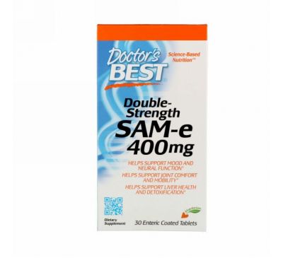 Doctor's Best, SAM-e, 400 мг, двойная сила, 30 таблеток, покрытых кишечнорастворимой оболочкой