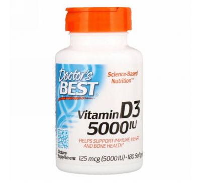 Doctor's Best, Витамин D3, 125 мкг (5000 МЕ), 180 мягких таблеток