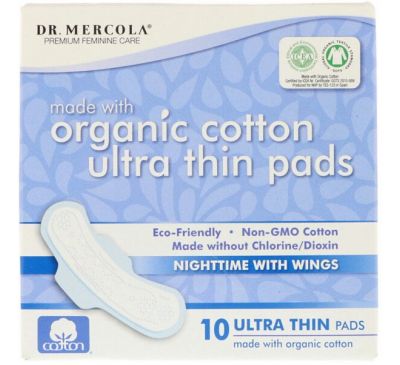 Dr. Mercola, Органические ультратонкие ватные прокладки, ночные с крылышками, 10 прокладок
