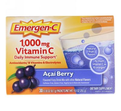 Emergen-C, 1000 мг, Витамин C, Ягоды асаи, 30 пакетиков по 8.4 г каждый