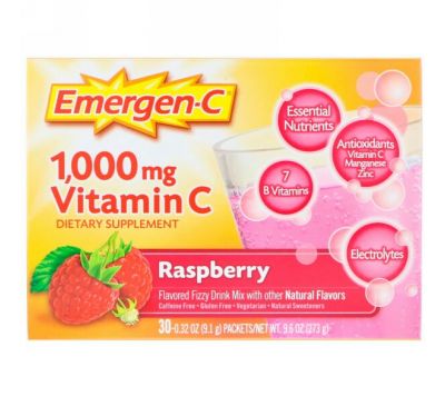 Emergen-C, Vitamin C, Flavored Fizzy Drink Mix, Raspberry, 30 Packets, 0.32 oz (9.1 g) Each