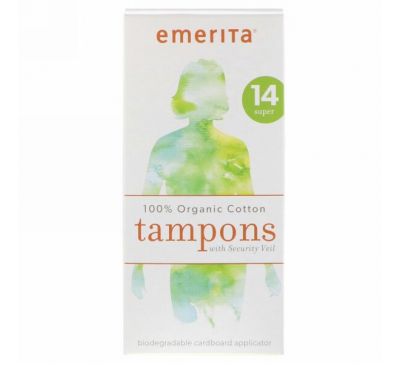 Emerita, Тампоны из 100% органического хлопка с защитной оболочкой, супер, 14 тампонов