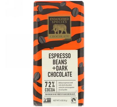 Endangered Species Chocolate, Зерна эспрессо + темный шоколад, 3 унц.(85 г)