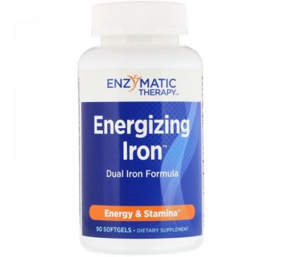 Enzymatic Therapy, Energizing Iron, двойная формула железа, 90 желатиновых капсул
