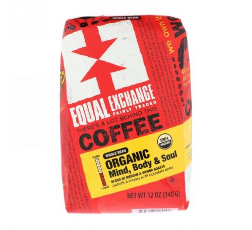 Equal Exchange, Органический кофе, разум, тело и душа, цельное зерно, 12 унц. (340 г)