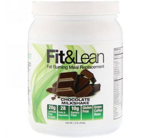 Fit & Lean, Жиросжигающий заменитель пищи, шоколадный молочный коктейль, 1,0 фунт (450 г)