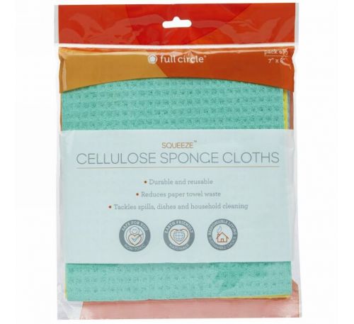 Full Circle, Squeeze Cellulose Cleaning Cloths, Pack of 3, 7" x 8" Each