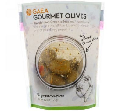Gaea, Оливки для гурманов, маринованные зеленые оливки без косточек, 4,2 унции (120 г)