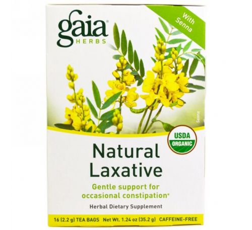 Gaia Herbs, Натуральное слабительное, без кофеина, 16 пакетиков, 1,24 унции (35,2 г)