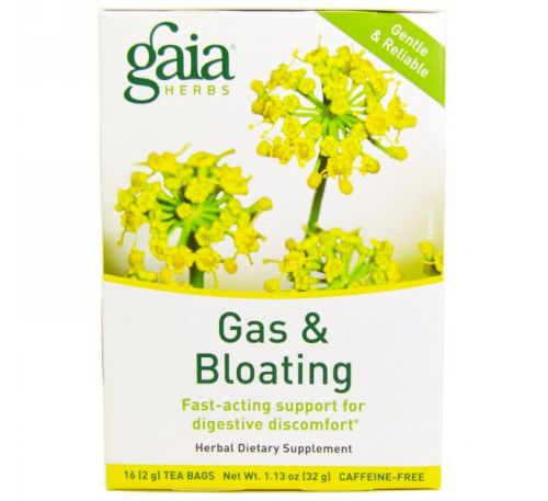 Gaia Herbs, От газообразования и вздутия, без кофеина, 16 пакетиков, 1,13 унции (32 г)