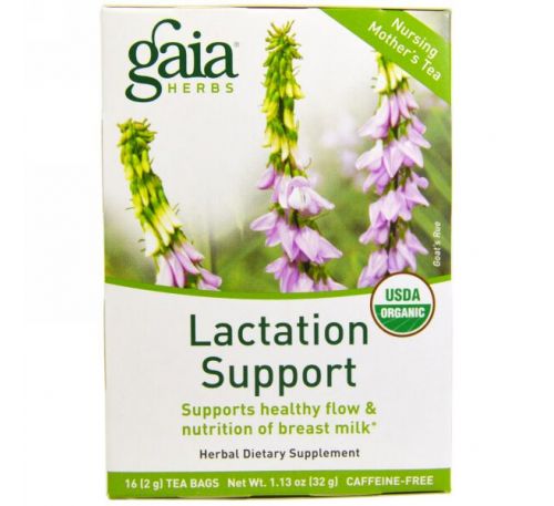 Gaia Herbs, Поддержка лактации, чай для кормящих женщин, без кофеина, 16 чайных пакетиков, 1,13 унции (32 г)