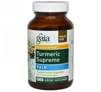 Gaia Herbs, Turmeric Supreme, против боли , 120 вегетарианских гелевых фито-капсул