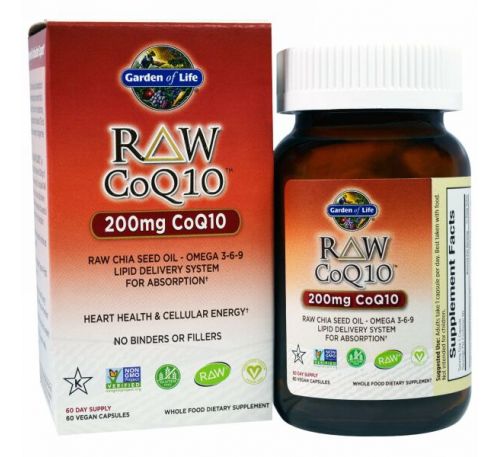 Garden of Life, Коэнзим Q10 из необработанных продуктов, 200 мг, 60 вегетарианских капсул