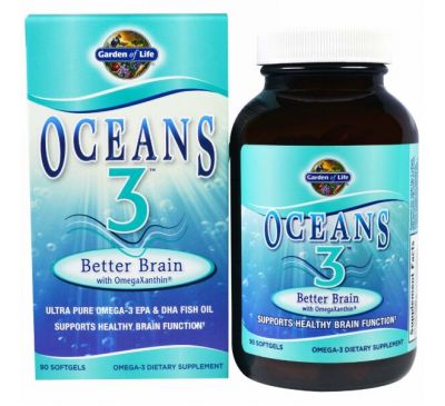 Garden of Life, Oceans 3, улучшение мозговой деятельности с Омега-ксантином, 90 желатиновых капсул