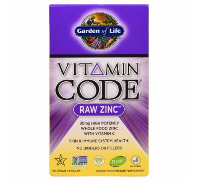Garden of Life, Витаминный код, необработанный цинк, 60 растительных капсул
