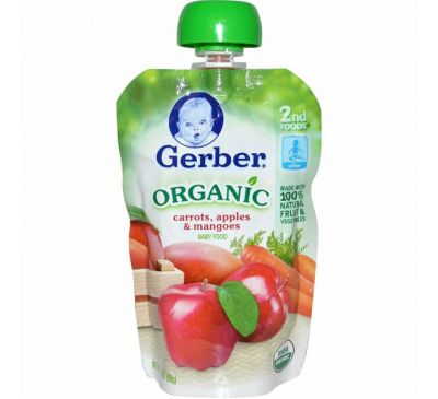 Gerber, Основное питание, Органическое детское пюре из моркови, яблок и манго, 3,5 унции (99 г)