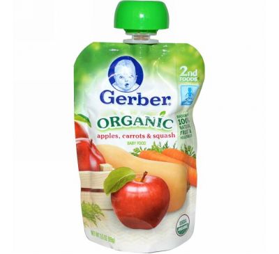 Gerber, Основное питание, Органическое детское пюре из яблок, моркови и кабачков, 3,5 унции (99 г)