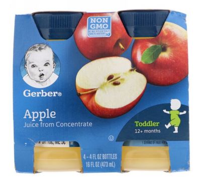 Gerber, Яблочный сок для малышей, от 12 месяцев, упаковка из 4 флаконов по 4 жидких унции (118 мл)