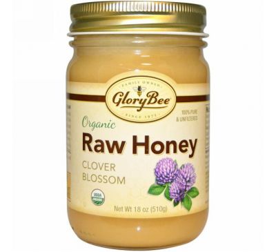 GloryBee, Органический сырой мед, клеверный цвет, 18 унций (510 г)
