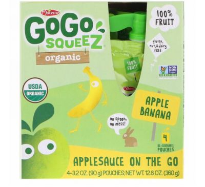GoGo SqueeZ, Органическое яблочное пюре, яблоко и банан, 4 пакетика по 3,2 унц. (90 г)