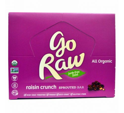 Go Raw, Органические батончики с пророщенным зерном, хрустящие, с изюмом, 10 батончиков по 14 г