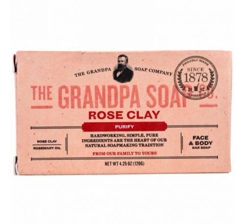 Grandpa's, Кусковое мыло для лица и для тела, очищающее, с розовой глиной, 4,25 унции (120г)