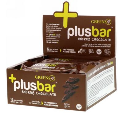 Greens Plus, PlusBar, энергетический шоколад, 12 батончиков, 2 унции (59 г) каждый