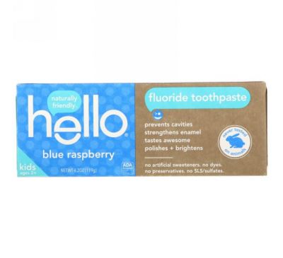 Hello, Для детей, зубная паста с фтором, голубая малина, 4,2 унц. (119 г)