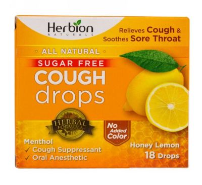 Herbion, Леденцы от кашля, без сахара, с медово-лимонным вкусом, 18 леденцов