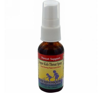 Herbs for Kids, Суперспрей от боли в горле у детей, перечная мята, 1 жидк. унц. (30 мл)
