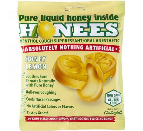 Honees, Леденцы от кашля, мед-лимон, 20 леденцов
