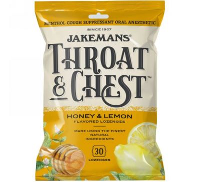 Jakemans, Леденцы от кашля Throat & Chest со вкусом меда и лимона, 30 леденцов