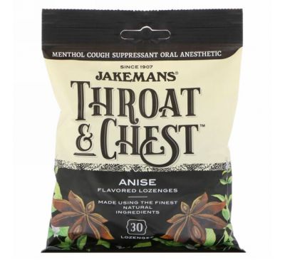 Jakemans, Throat & Chest, Anise Flavored, 30 таблеток для рассасывания