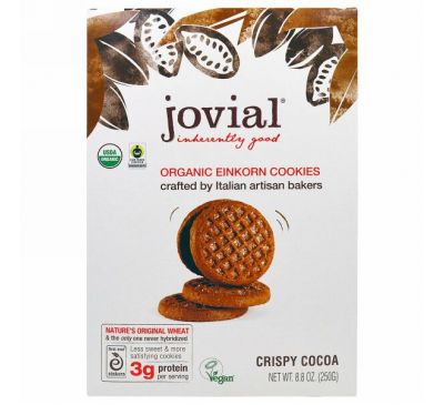 Jovial, Органическое печенье из пшеницы-однозернянки, хрустящее, с какао, 8,8 унций (250 г)