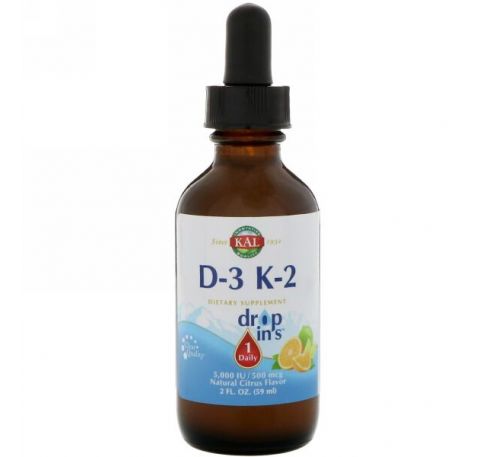 KAL, Drop Ins, витамины D-3 и K-2, натуральный цитрусовый вкус, 2 ж. унц. (59 мл)